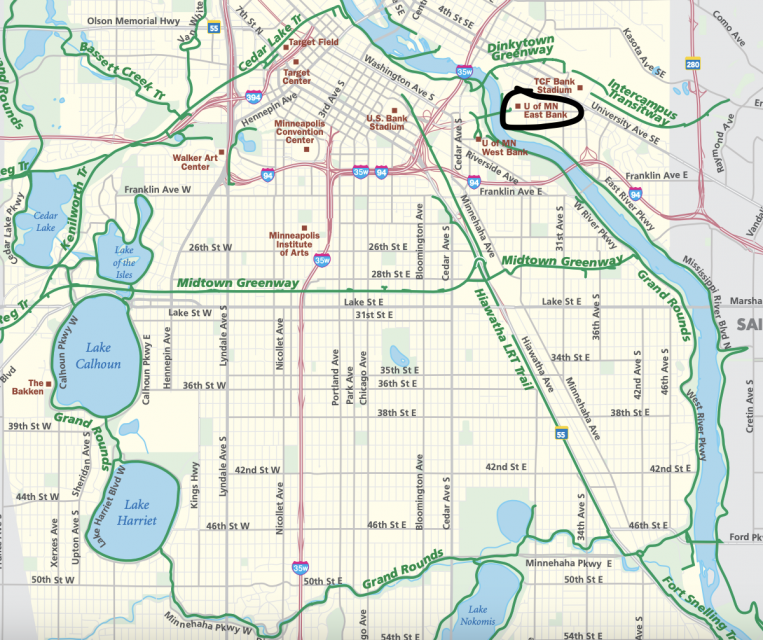 Bike map showing the greenway trails around the  University of Minnesota - Twin Cities