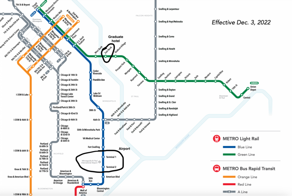 Public Transport map showing the connection between blue light rail to the green line