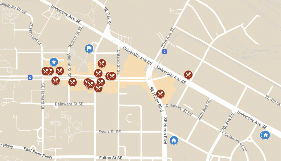 University of Minnesota Twin Cities map with marked locations