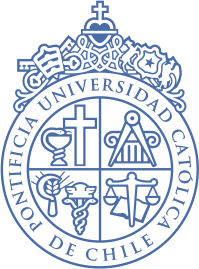 Logo of the Universidad Catolica Pontificia de Chile, assorted heraldry including Christian cross, asclepius, weighing balance, compass